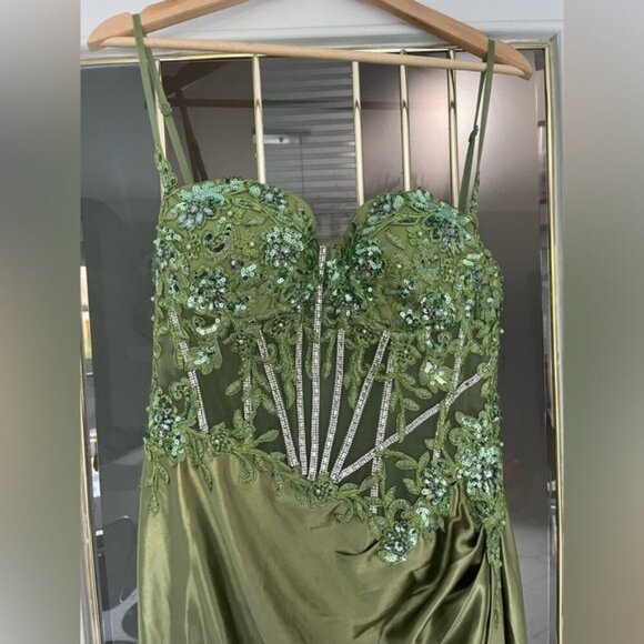 Olive Green Prom Evening Gown Beaded Corset Satin Dress Side Slit - Picture 8 of 9